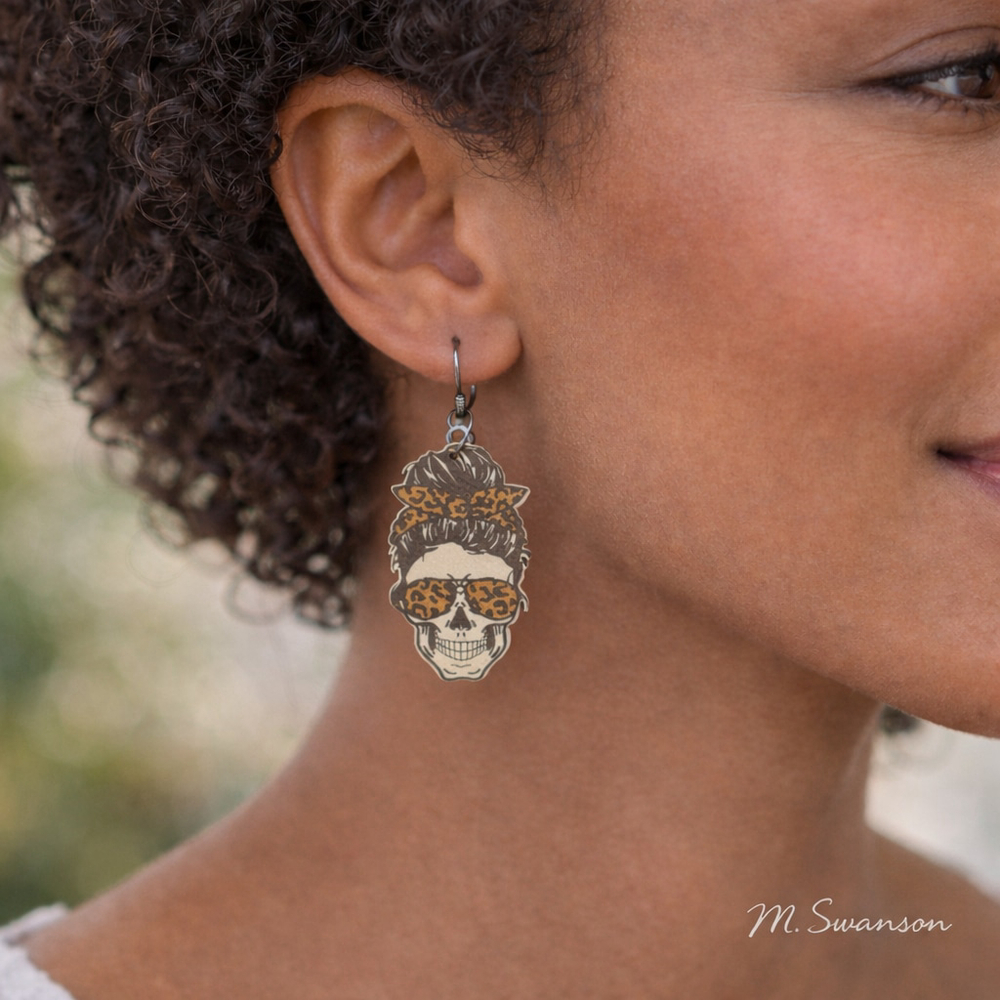 NEW Leopard Print Skull Birchwood Dangle Earrings NWT – Lightweight Western Boho